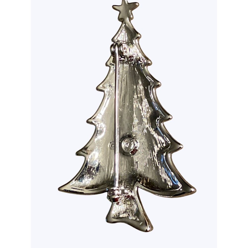 Silvertone Green Enamel Multicolored Crystal Christmas Tree Brooch Swan Marking - Picture 5 of 6